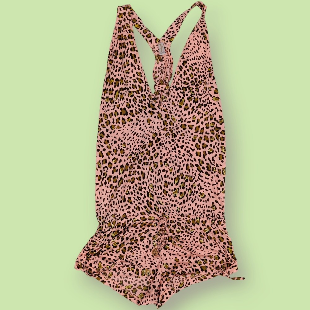 Luli Fama Pink Leopard Swim Coverup Romper Shorts Onesie - Picture 3 of 6